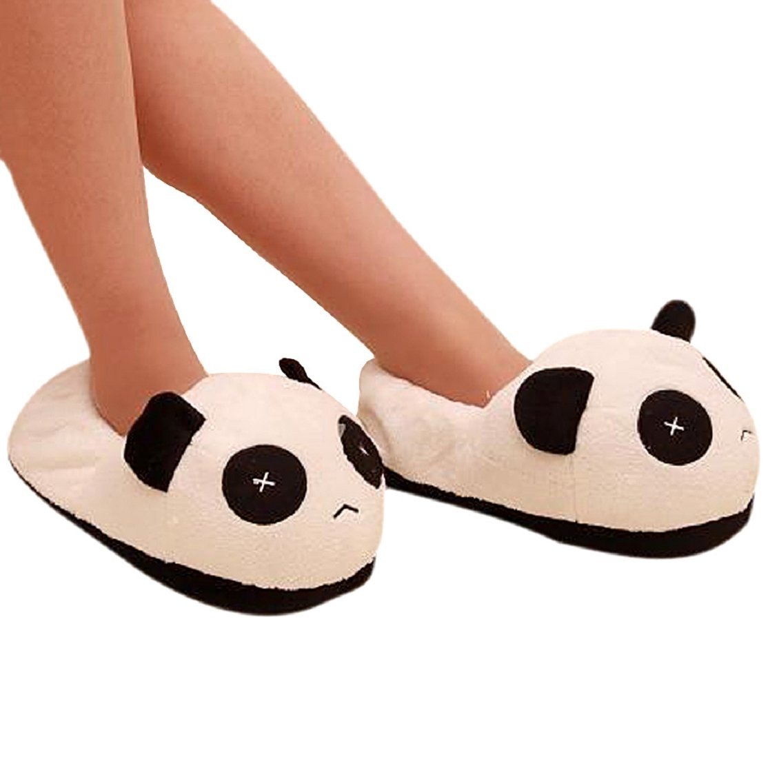 Black and white panda eyes crying face cotton slippers Men's Panda Plush Winter Non-slip Warm House Indoor Slippers - ebowsos