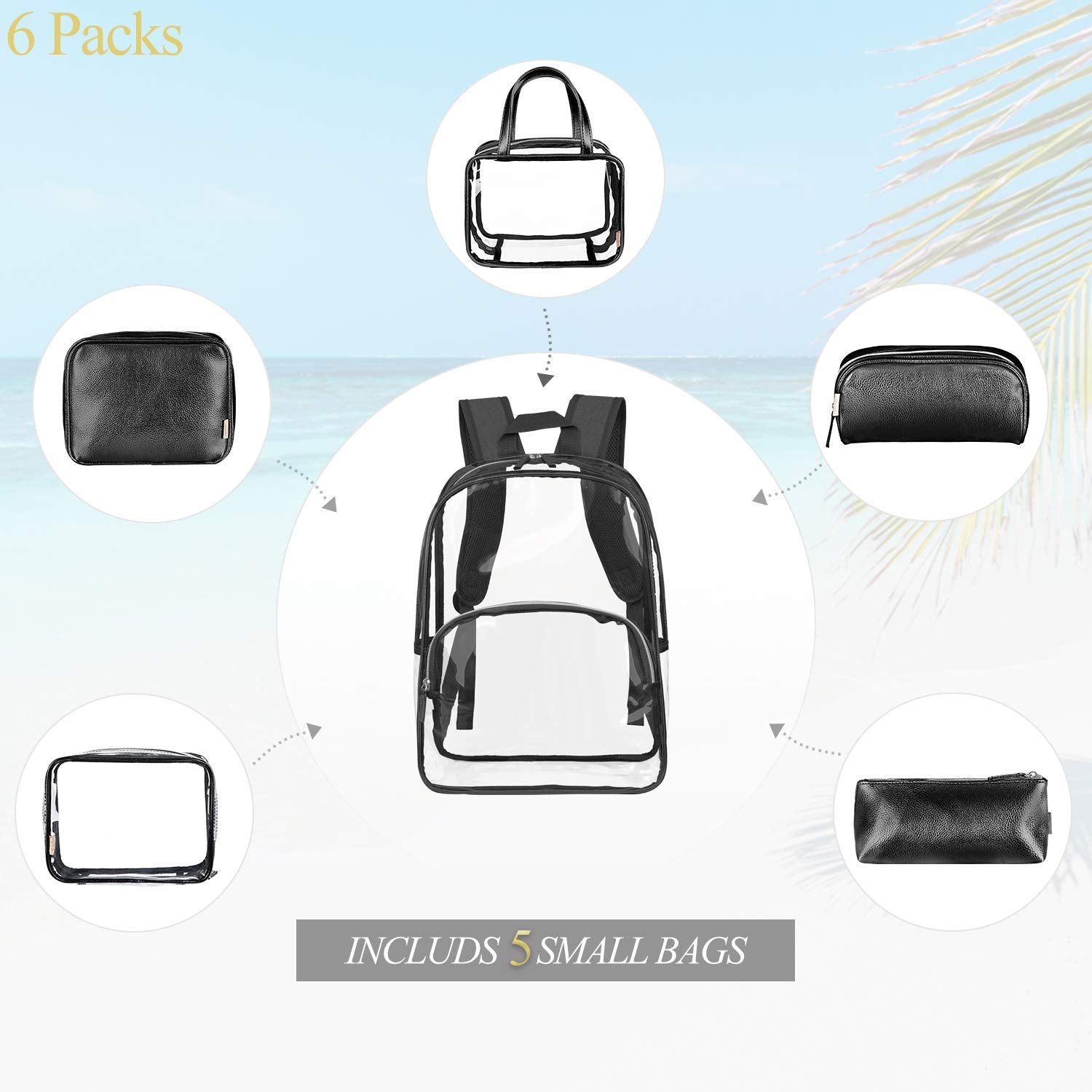 Black + transparent Backpack Makeup Bags for Women and Men Transparent PVC College Bookbag for Student Cute School Bag fo - ebowsos