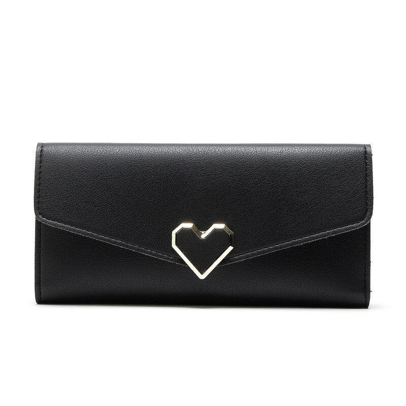 Black woman PU leather long paragraph multi-functional simple and lovely large-capacity heart-shaped leather wallet walle - ebowsos
