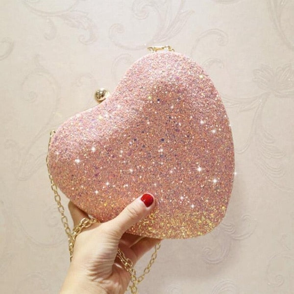 Bling Heart Shaped Messenger Pu Leather Women C Bag Girl Bling Tote Crossbody Fashion Mini Bag With Gold Chain(Pink) - ebowsos