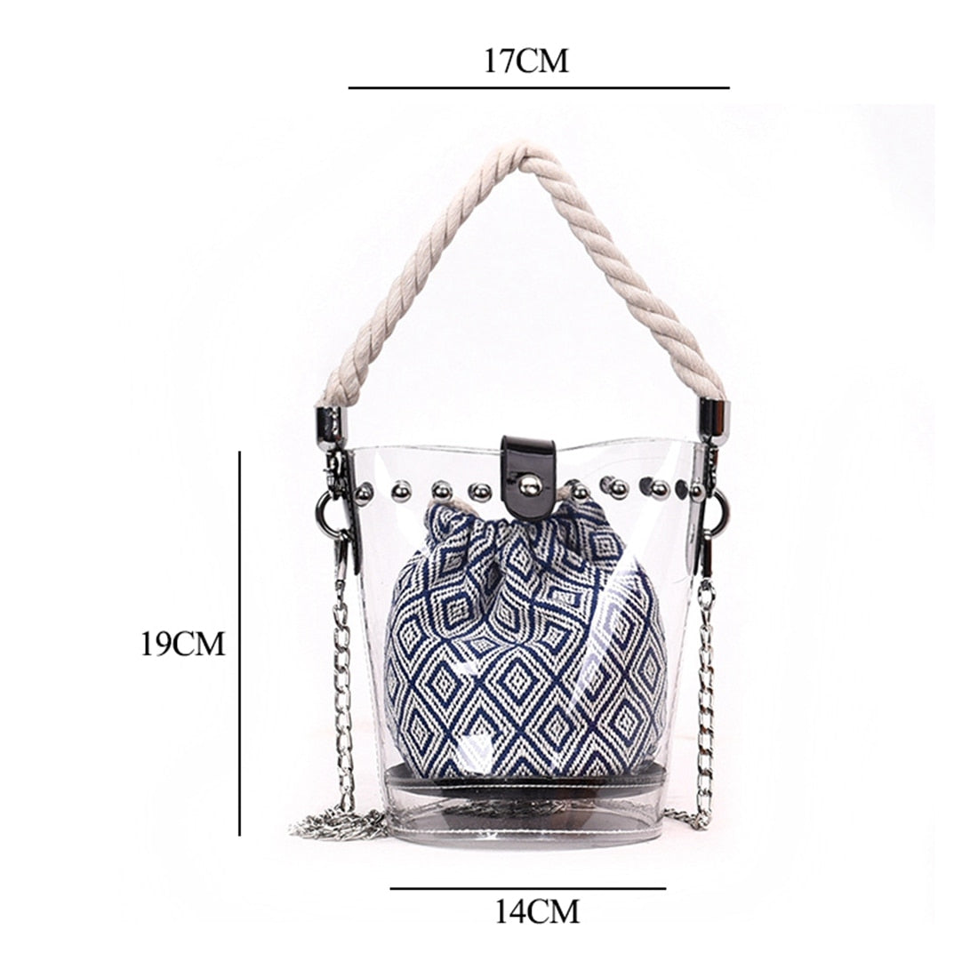 Blue new fashion PVC chain diagonal handbag fashion transparent hit color diamond rivet hemp rope shoulder diagonal mothe - ebowsos