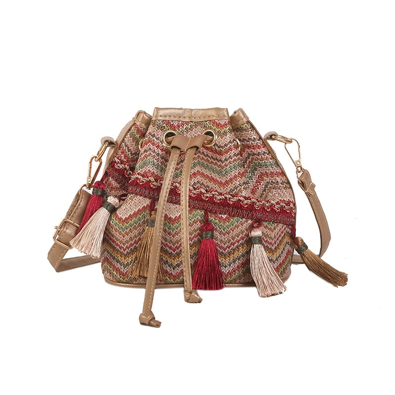 Bohemian Leisure Ladies Bucket Crossbody Bag Weaving Women Shoulder Bag Drawstring Dumplings Handbag Beach Bag - ebowsos