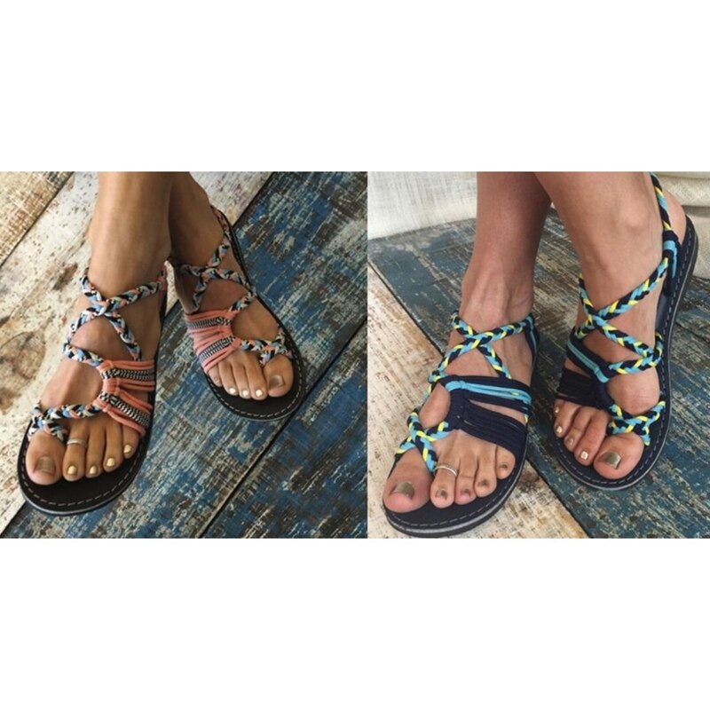 Bohemian Sandals Fashion Gladiator Sandals Female Flat Sandals Rome Style Cross Tied Sandals Shoes Beach Ladies Shoes - ebowsos