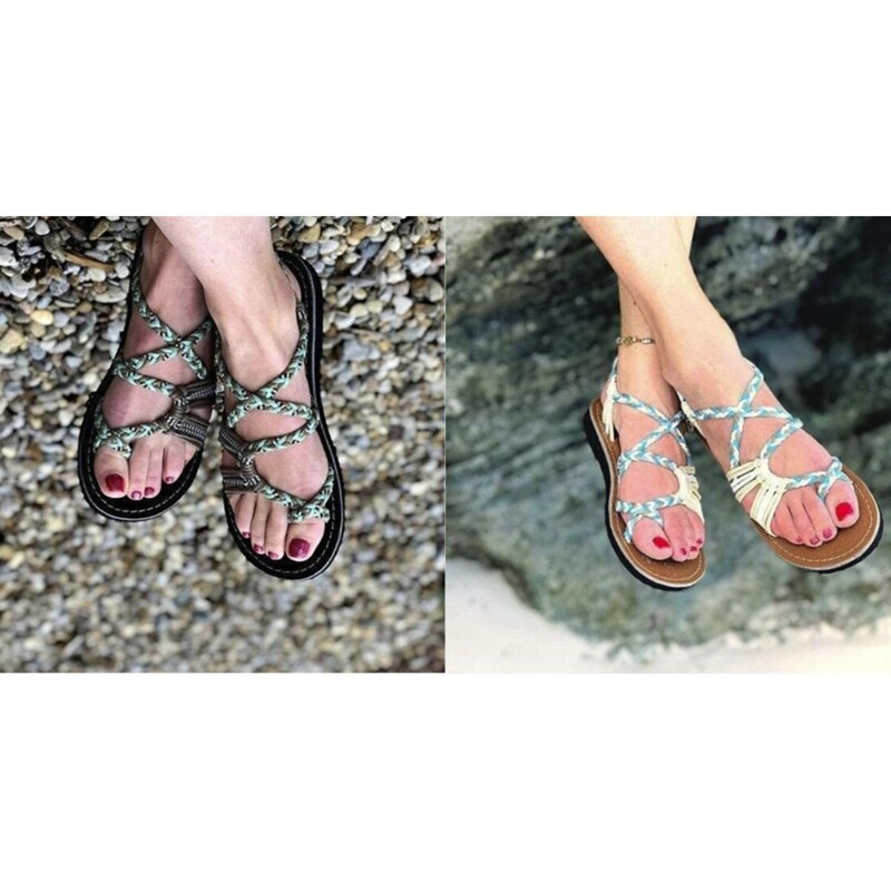 Bohemian Sandals Fashion Gladiator Sandals Female Flat Sandals Rome Style Cross Tied Sandals Shoes Beach Ladies Shoes Sky - ebowsos