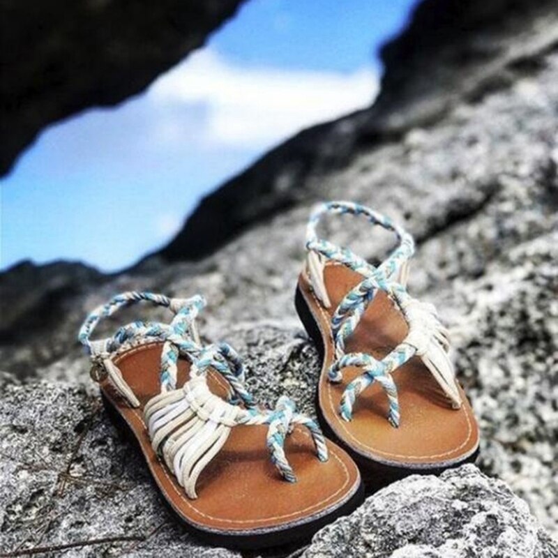 Bohemian Sandals Fashion Gladiator Sandals Female Flat Sandals Rome Style Cross Tied Sandals Shoes Beach Ladies Shoes Sky - ebowsos