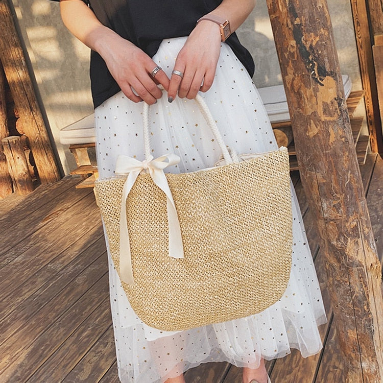 Bohemian Summer Straw Bag Women Large Capacity Ladies Beach Bag Vacation Woven Bag For Female Casual Tote Bags Beige - ebowsos