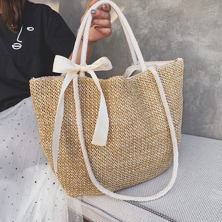 Bohemian Summer Straw Bag Women Large Capacity Ladies Beach Bag Vacation Woven Bag For Female Casual Tote Bags Beige - ebowsos