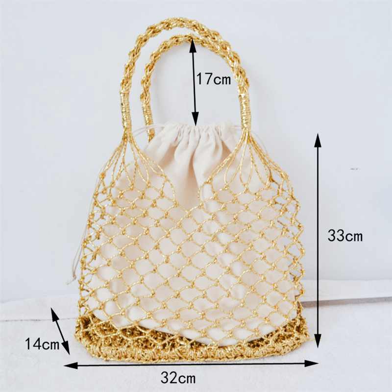 Bright Paper Ropes Hollow Woven Bag Straw Bag Female Reticulate Handbag Netted Beach Bag - ebowsos