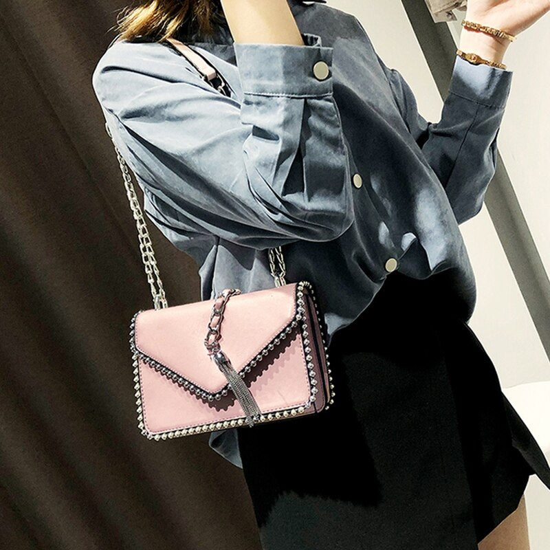 British Fashion Simple Small Square Bag Women'S Designer Handbag High-Quality Pu Leather Rivet Tassel Chain Shoulder Bags - ebowsos