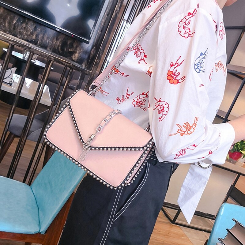 British Fashion Simple Small Square Bag Women'S Designer Handbag High-Quality Pu Leather Rivet Tassel Chain Shoulder Bags - ebowsos