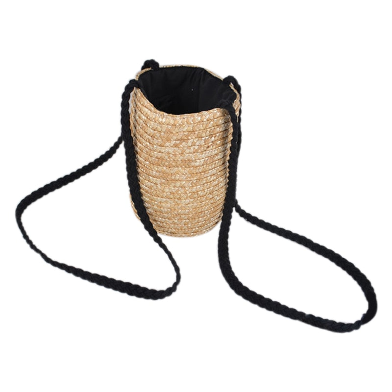 Bucket Cylindrical Straw Bags Bow Wheat-straw Woven Women Crossbody Bags Shoulder Tote Bag String(primary color) - ebowsos