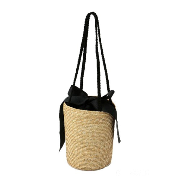 Bucket Cylindrical Straw Bags Bow Wheat-straw Woven Women Crossbody Bags Shoulder Tote Bag String(primary color) - ebowsos
