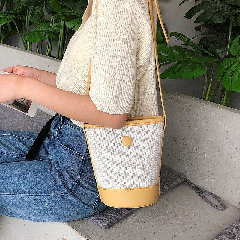Bucket Type Contrast Color Bag Female 2019 Tide Linen Woven Fashion Beach Bag Korean Version Of Diagonal Shoulder Bag - ebowsos