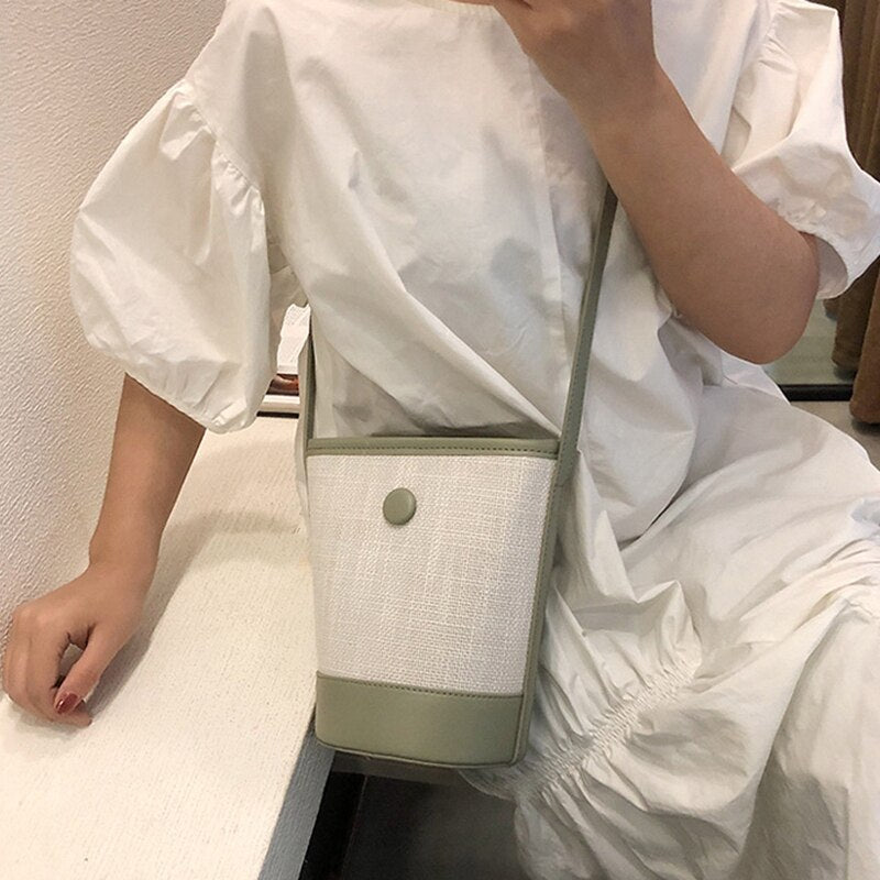 Bucket Type Contrast Color Bag Female 2019 Tide Linen Woven Fashion Beach Bag Korean Version Of Diagonal Shoulder Bag - ebowsos