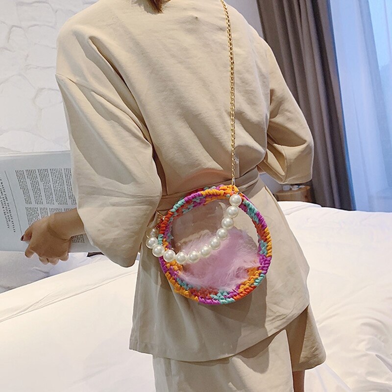 Candy Color Hand-Woven Bag Small Fragrance Wind Acrylic Feather Transparent Bag Pearl Small Round Bag Beach Handbag - ebowsos