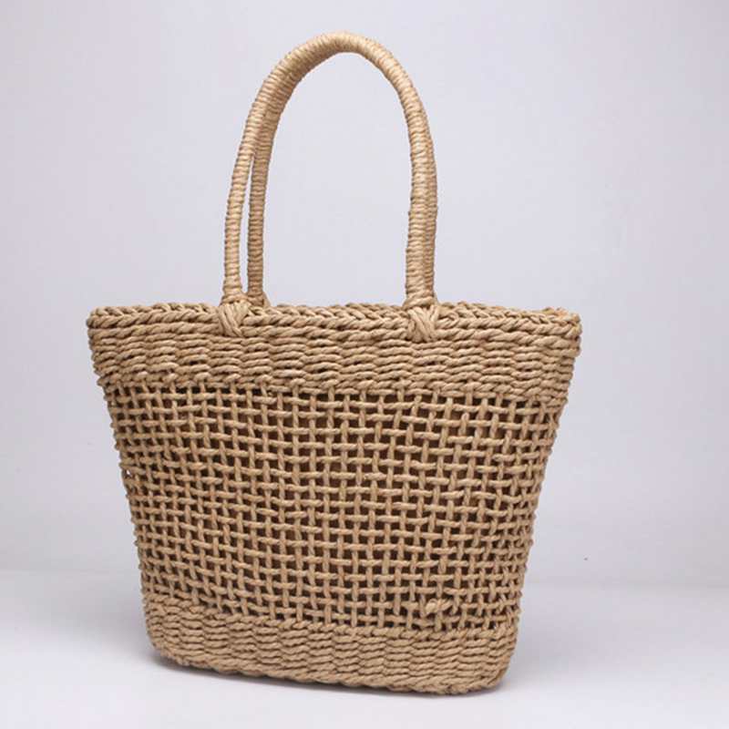 Casual Simple And Generous No Decorative Plain Color Net Hollow Textured Woven Bag Popular Straw Bag Handbags 37X25Cm(Wit - ebowsos
