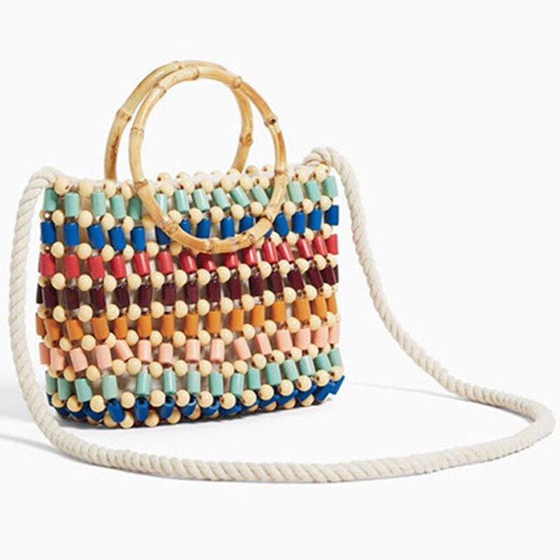 Colorful Beads Woven Bag Color Hand Pearl Shoulder Bag Straw Crossbody Bag Women High-End Fashion Wood Small Handbag - ebowsos