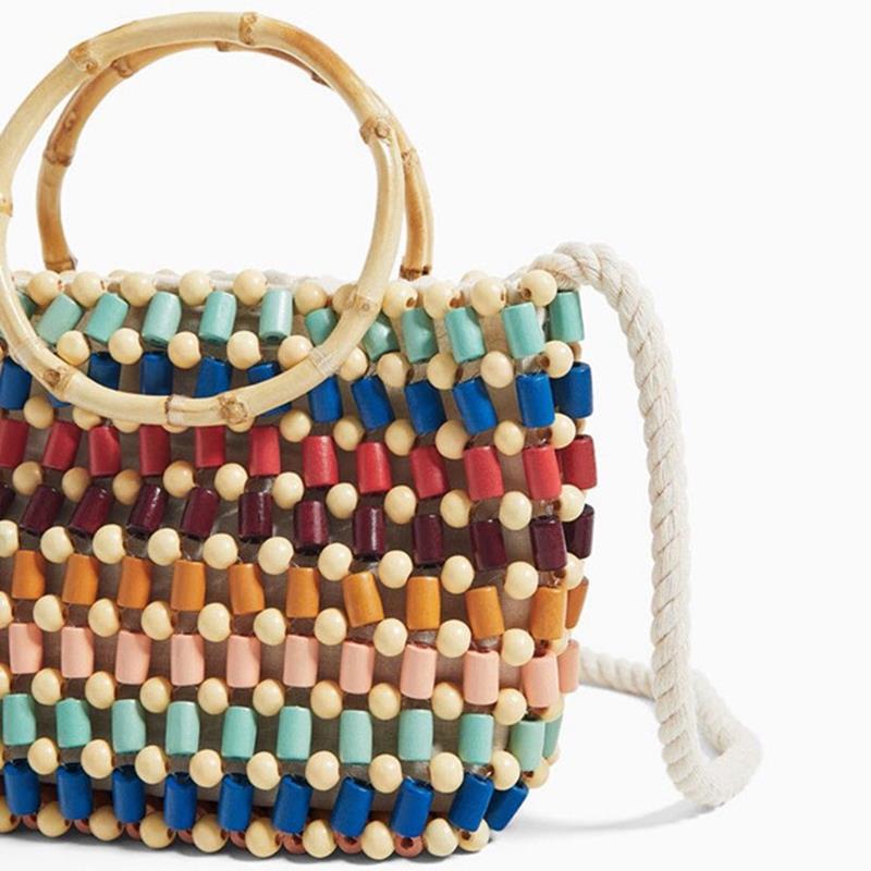 Colorful Beads Woven Bag Color Hand Pearl Shoulder Bag Straw Crossbody Bag Women High-End Fashion Wood Small Handbag - ebowsos