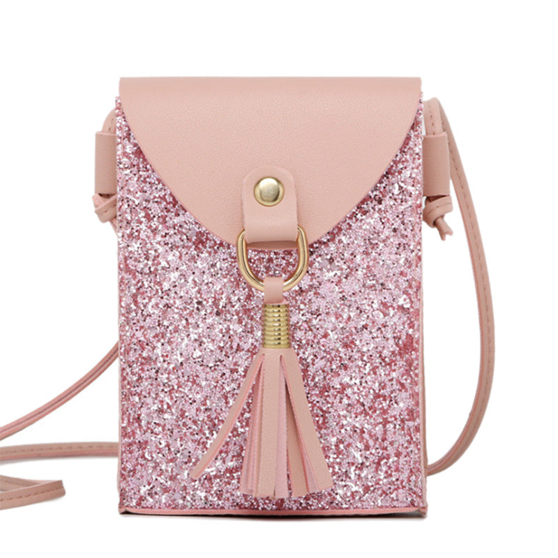 Colorful Sequins Phone Bag Women Pu Leather Mini Shoulder Bag With Tassel Small Crossbody Bag Female - ebowsos
