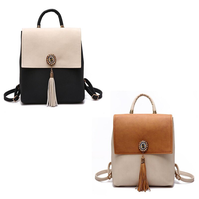 Contrast Tassel Pu Backpack Multi-Function Big Bag Simple Fashion One-Shoulder Dual-Use Bag Casual Wild Backpack - ebowsos