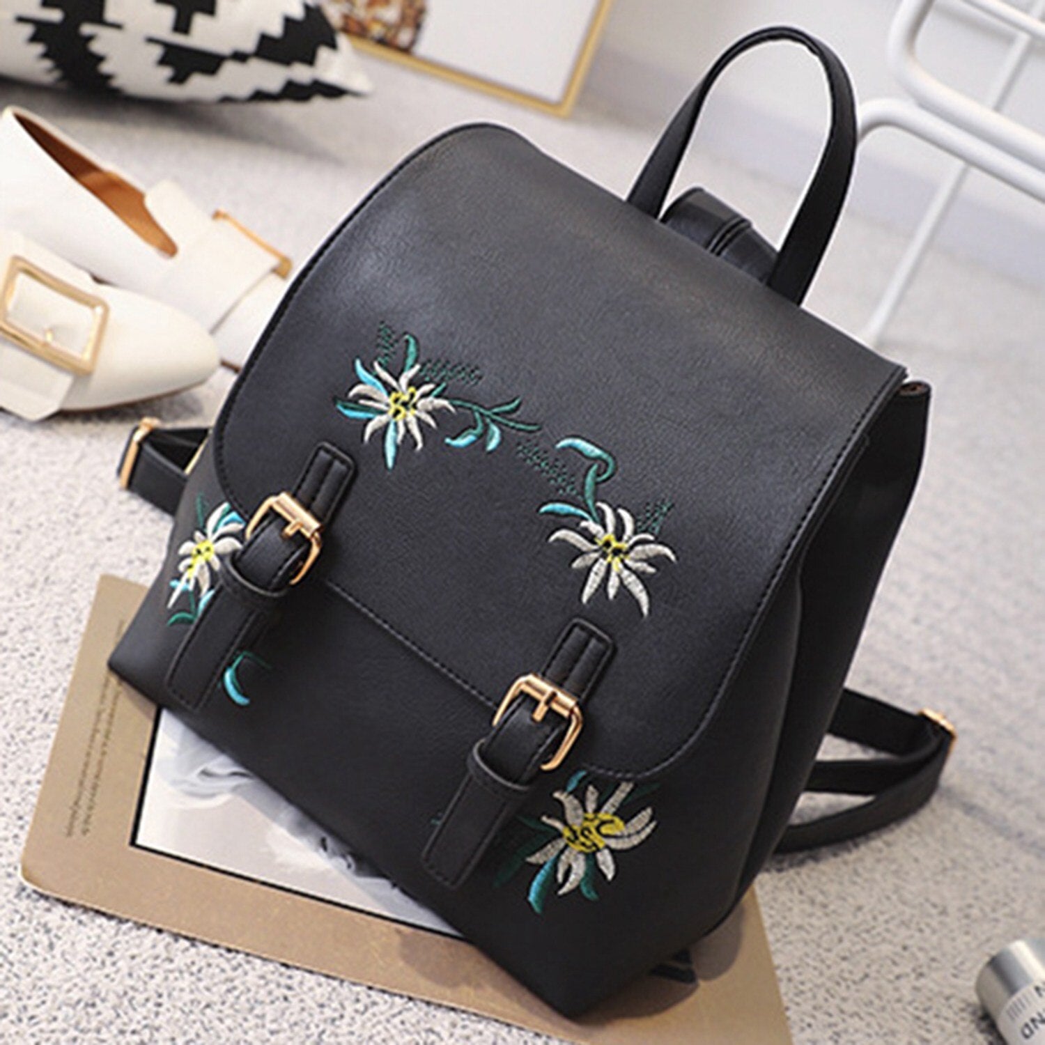 Embroidered Lady Backpack Fashion Casual Pu Leather Ladies Young Girl Schoolbag - ebowsos