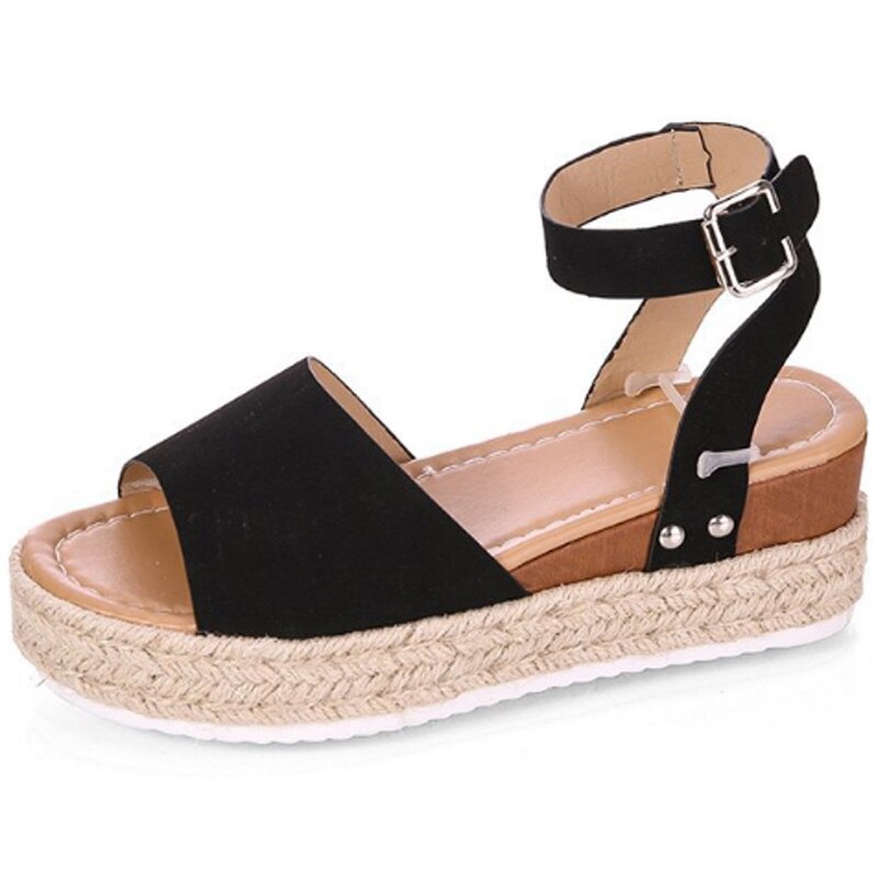 Europe And The United States Rope Flat With Light Bottom Fish Mouth Sandals Women Rubber Soles Wedge With Buckles With Op - ebowsos
