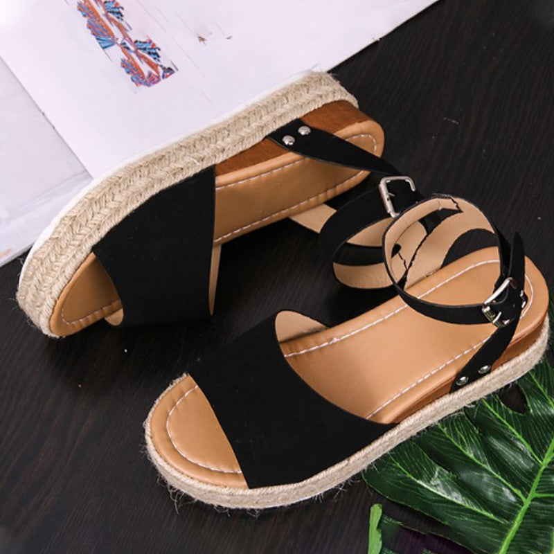 Europe And The United States Rope Flat With Light Bottom Fish Mouth Sandals Women Rubber Soles Wedge With Buckles With Op - ebowsos