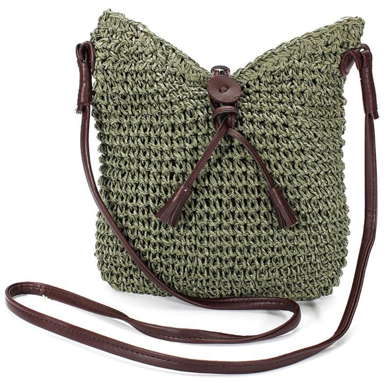 Fabric bags Shoulder Straw Summer of Women Fabric Crossbody Bags Canvas Jute Beach Travel Bag Army Green - ebowsos