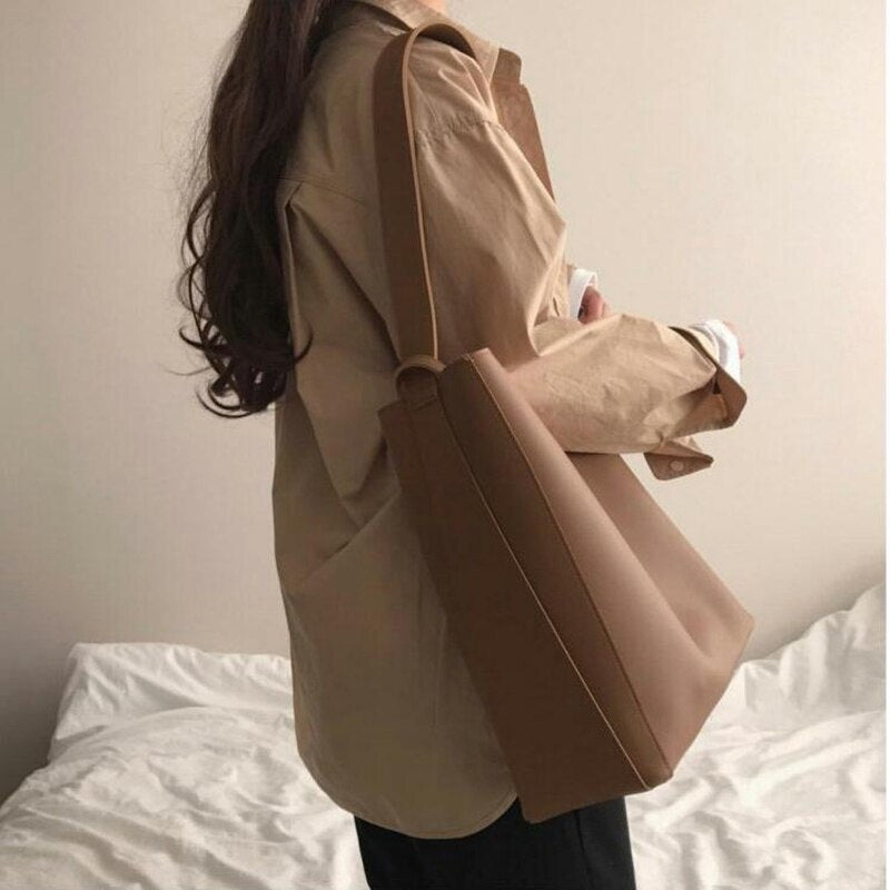Fashion All-Match Bucket Bag Simple Style Pu Leather One Shoulder Women'S Handbags Female Bag Casual - ebowsos