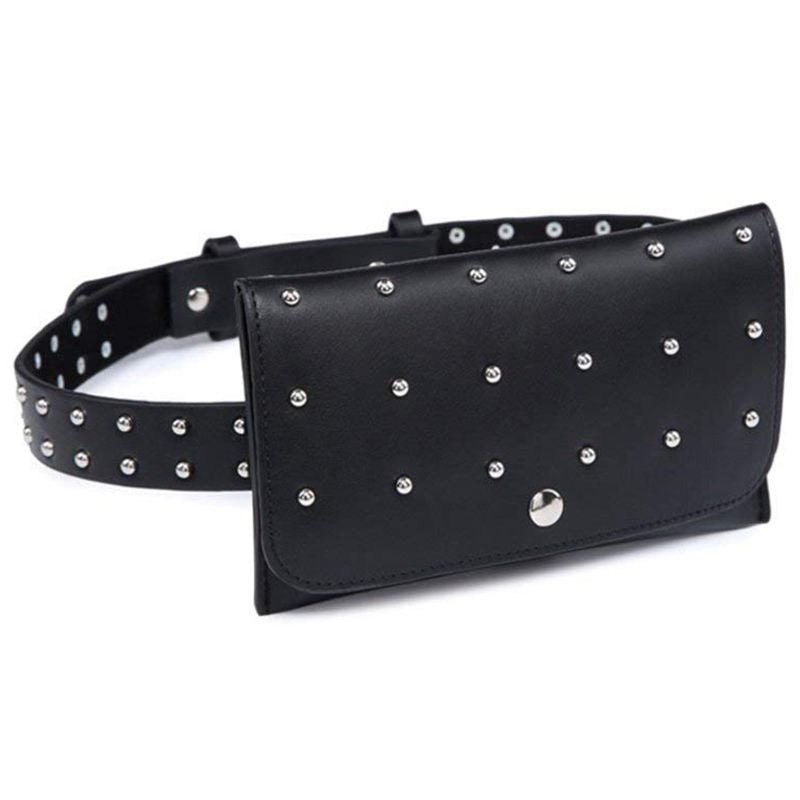 Fashion Black Leather Stylish Rivets Fanny Waist Belt Bag Pack Purse For Women Girls - ebowsos