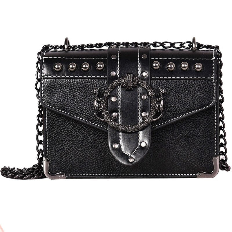 Fashion Female Square Bag PU Leather Women's Designer Handbag Rivet Lock Chain Shoulder Messenger Bags(Black) - ebowsos