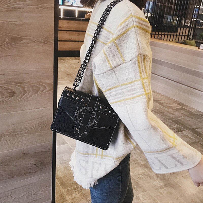 Fashion Female Square Bag PU Leather Women's Designer Handbag Rivet Lock Chain Shoulder Messenger Bags(Black) - ebowsos