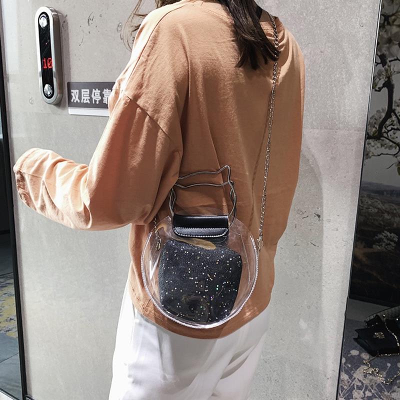 Fashion Handbag Transparent Bag Small Cute Cat Shape Handbag Messenger Bag Holographic Shoulder Bag Ladies - ebowsos