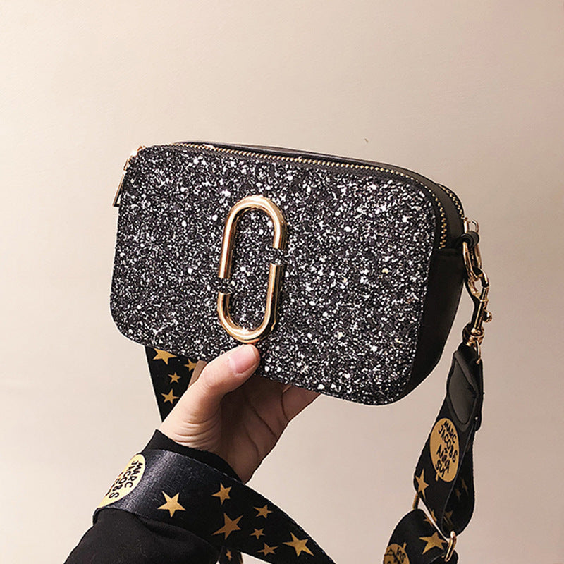 Fashion New Ladies Sequin Square Bag Pu Leather Women'S Luxury Handbag Black Shoulder Messenger Bag - ebowsos