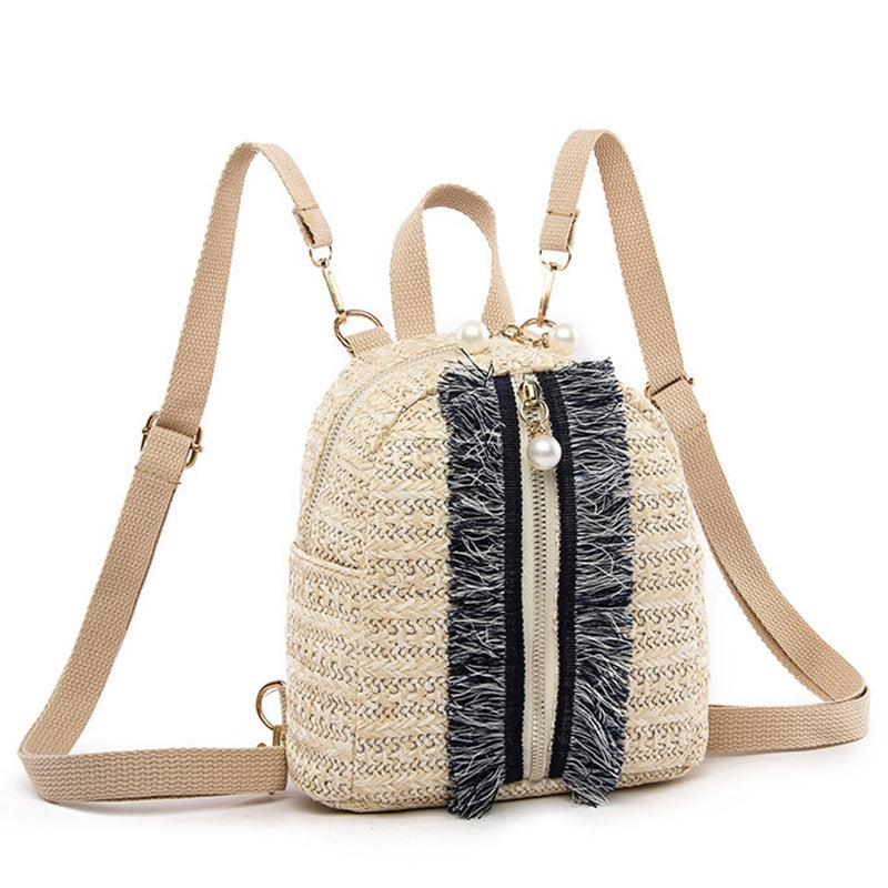 Fashion Pearl Straw Backpack Women Teenager Girls Travel Shoulder Schoolbags Chic Backpack Female - ebowsos