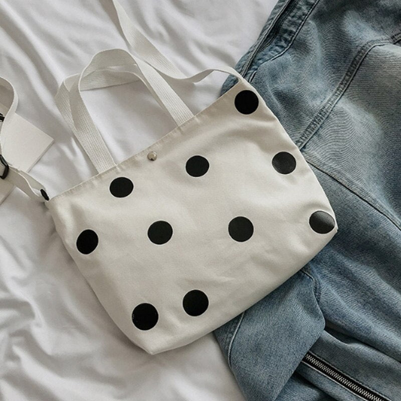 Fashion Retro Women'S Canvas Handbag New Women'S Casual Polka Dot Zipper Simple Shoulder Bag - ebowsos