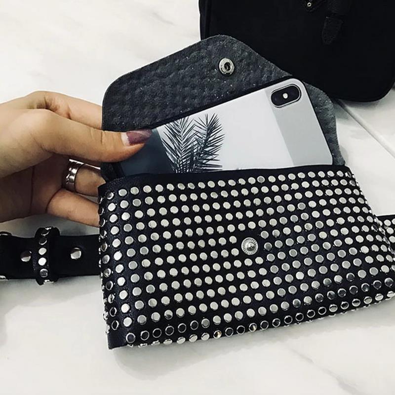 Fashion Rivets Waist Pack Luxury Designer Fanny Pack Small Women Waist Bag Phone Pouch Punk Belt Bag Purse(Black) - ebowsos