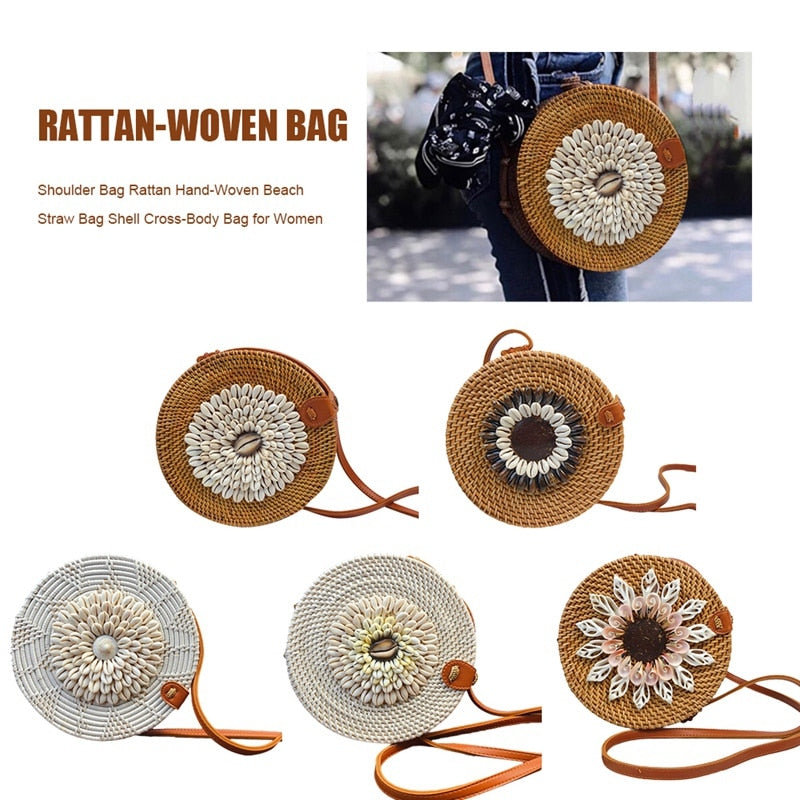 Fashion Round Shoulder Bag Rattan Hand Woven Beach Straw Hand Bags Small Mini Shell Crossbody Messenger Bag For Women Lad - ebowsos