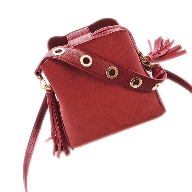 Fashion Scrub Women Bucket Bag Vintage Tassel Messenger Bag High Quality Retro Shoulder Bag Simple Crossbody Bag Tote(Red - ebowsos