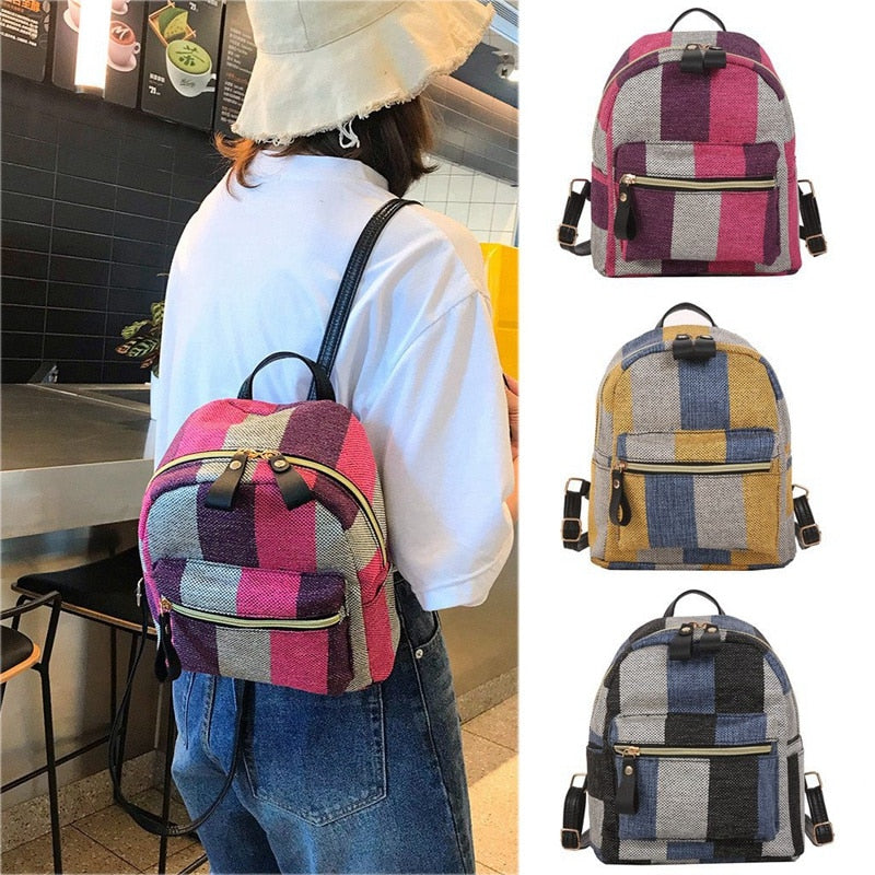 Fashion Simple Canvas Student Bag Lattice Travel Backpack New Large Capacity Anti-Theft Travel Backpack - ebowsos