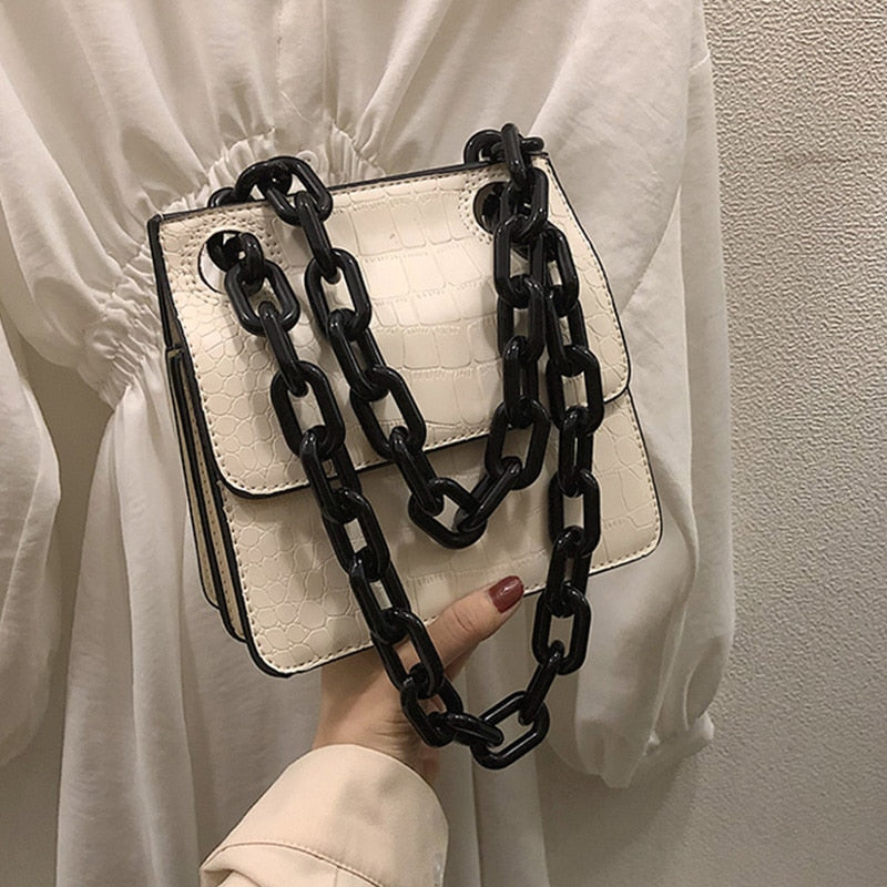 Fashion Stone Buckle Small Square Shoulder Messenger Bag Personality Thick Chain Shoulder Bag - ebowsos
