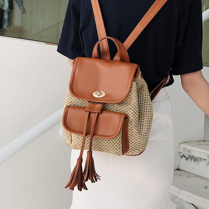Fashion Straw Woven Backpack Ladies Backpack Summer Girl Quality Backpack Travel Bag Backpack Backpack - ebowsos
