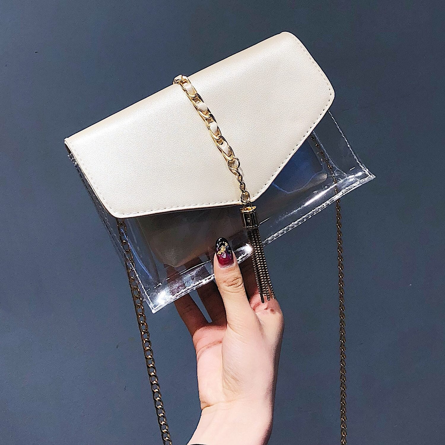 Fashion Tassel Chic Chain Bags Womens Shoulder Bag Plastic Jelly Transparent Composite Bag Handbags Crossbody Bags - ebowsos