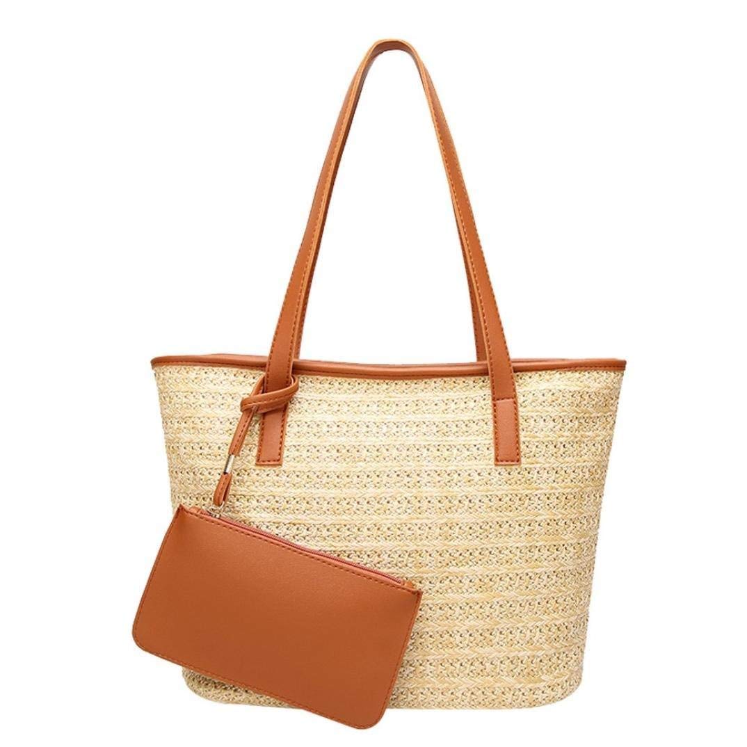 Fashion Women Casual Shoulder Bag Straw Bags Woven Bucket Bag Handbag (Brown) - ebowsos