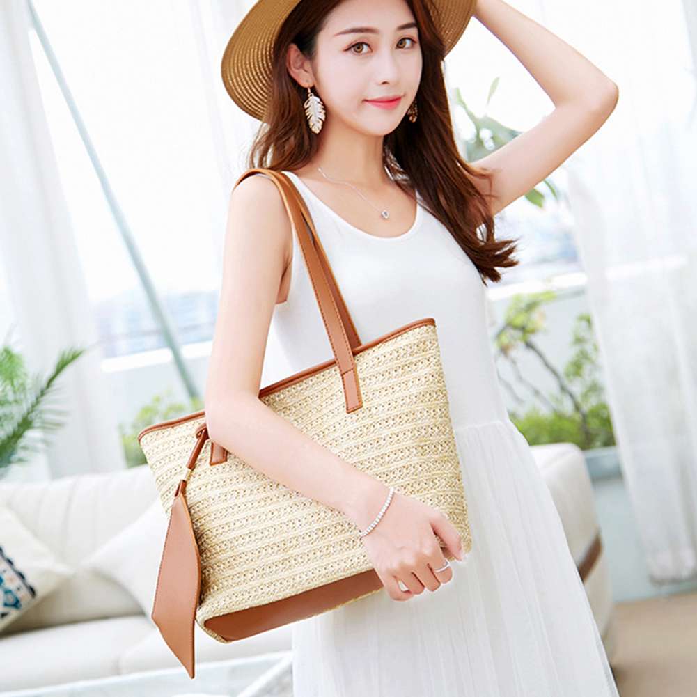 Fashion Women Casual Shoulder Bag Straw Bags Woven Bucket Bag Handbag (Brown) - ebowsos