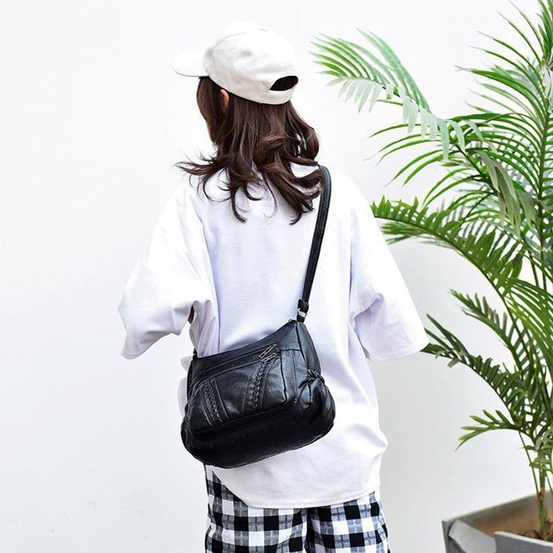 Fashion Women Crossbody Bag Black Soft Washed Leather Shoulder Bag Patchwork Messenger Bag Small Flap Bag For Girls Black - ebowsos