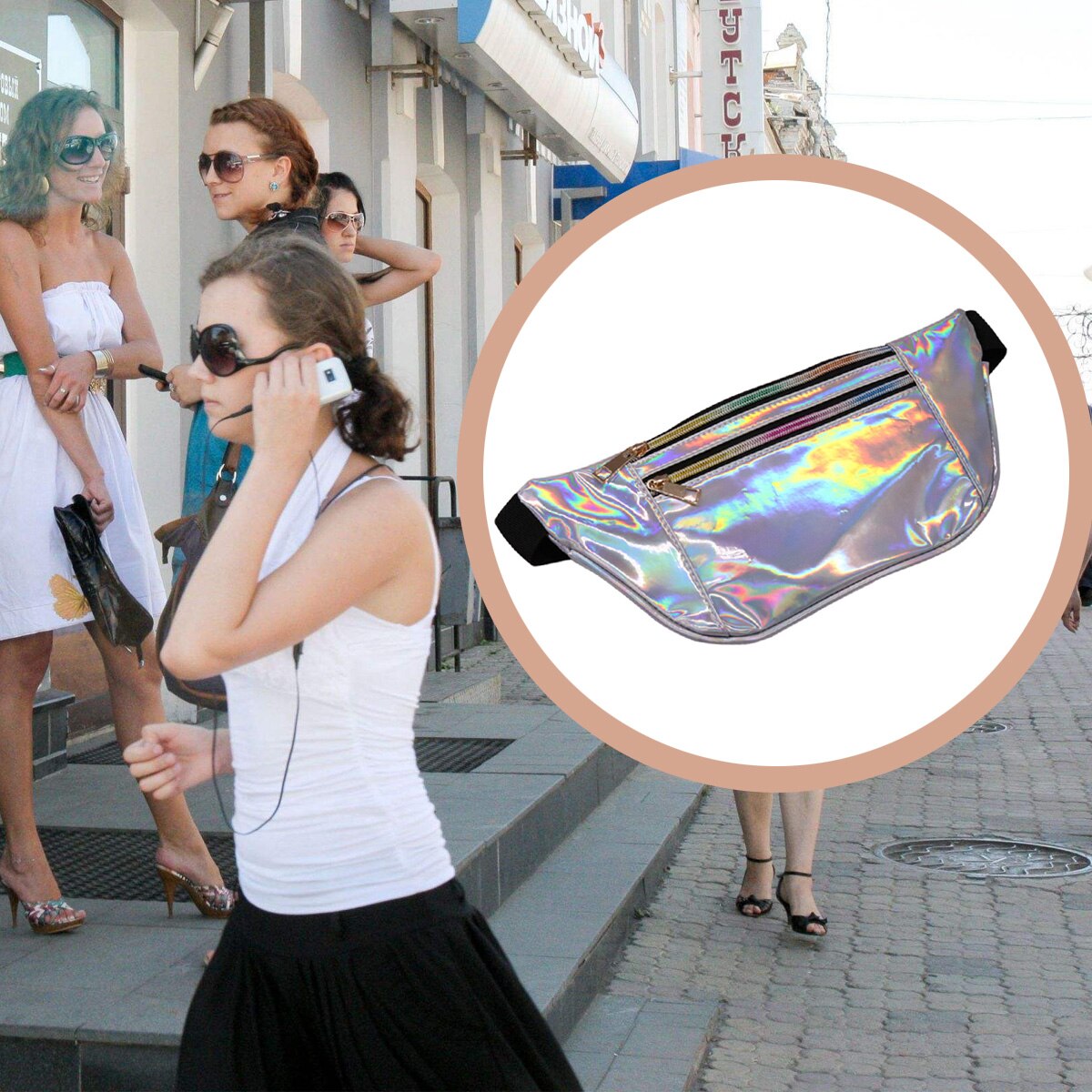 Fashion Women Double zipper Hologram Laser Waist Bag Shiny Neon Fanny Pack Punk Reflective Bum Bag Travel Purse - ebowsos