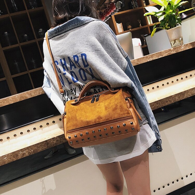 Fashion Women Top-handle Bags with Rivets Leather Female Shoulder Bag Large Vintage Tote Bags - ebowsos