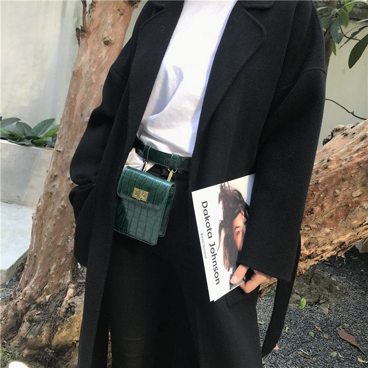 Fashion alligator women crossbody bag leather belt waist packs chic style mini shoulder bag vintage pattern small handbag - ebowsos