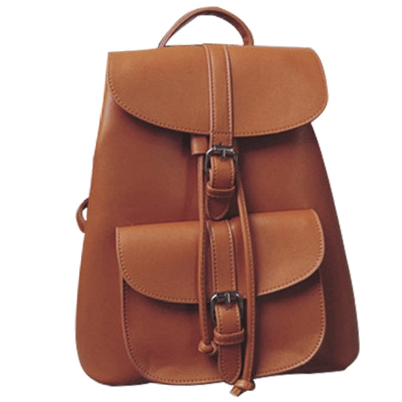 Fashionable Women'S Pull-Rope Pu Leather Backpack Belt Decoration Schoolbag Student Shoulder Bag(Brown) - ebowsos